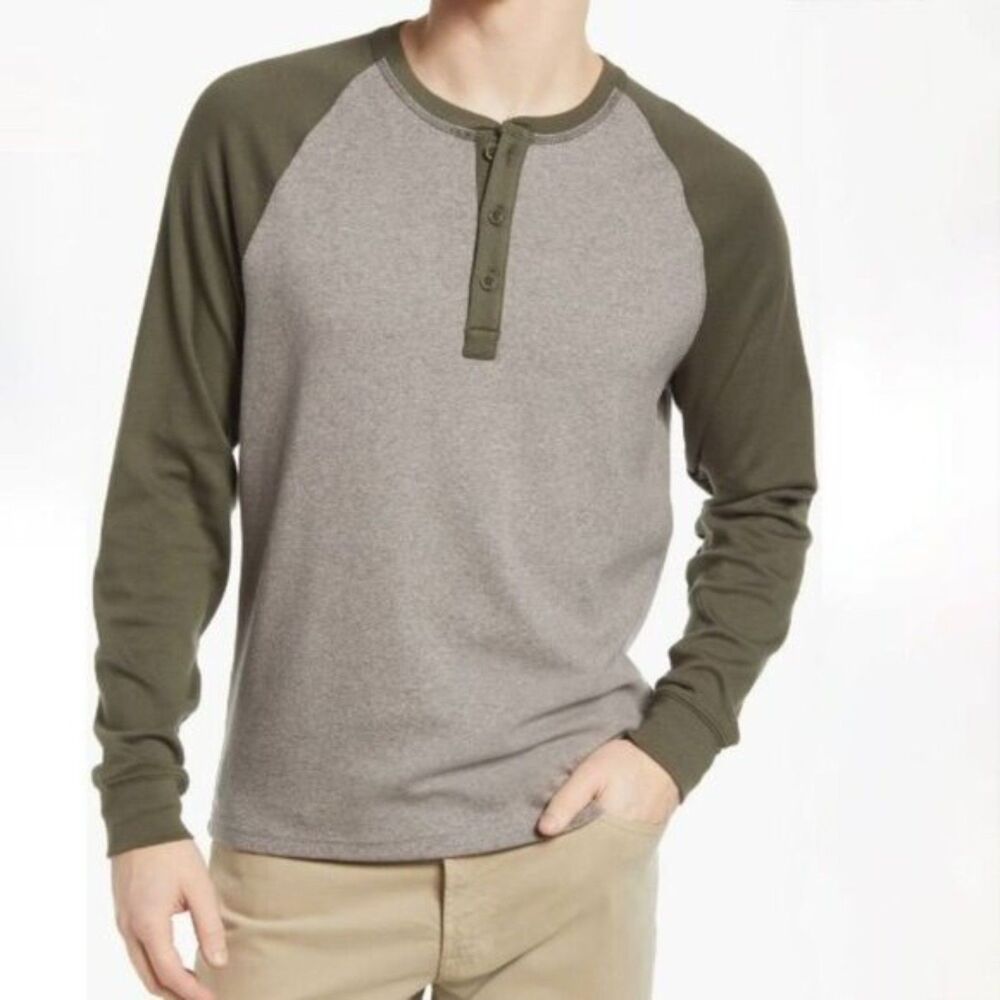 EUC The Normal Brand Puremeso Retro Raglan Henley, Grey/Dusty Olive, Sz L